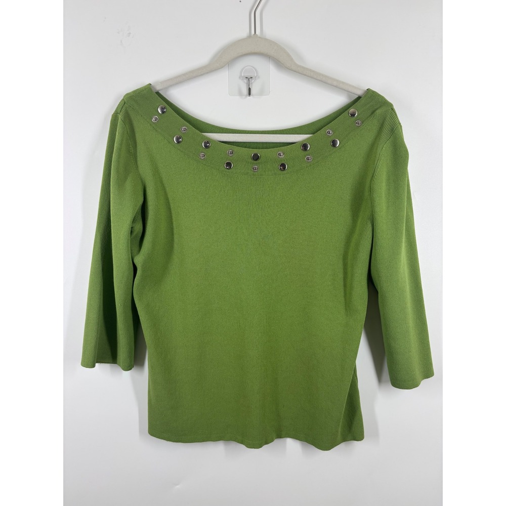 Joseph A Green Scoop Neck Grommet Studded 3/4 Sleeve Knit Sweater Top M